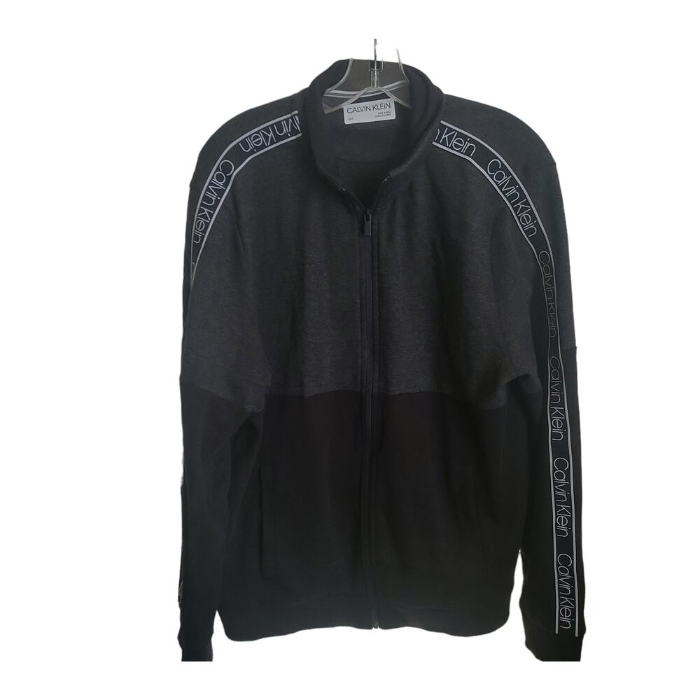 Mens Calvin‎ Klein Large Causal Jacket Full Zipper Black Gray White Logo Sleeves